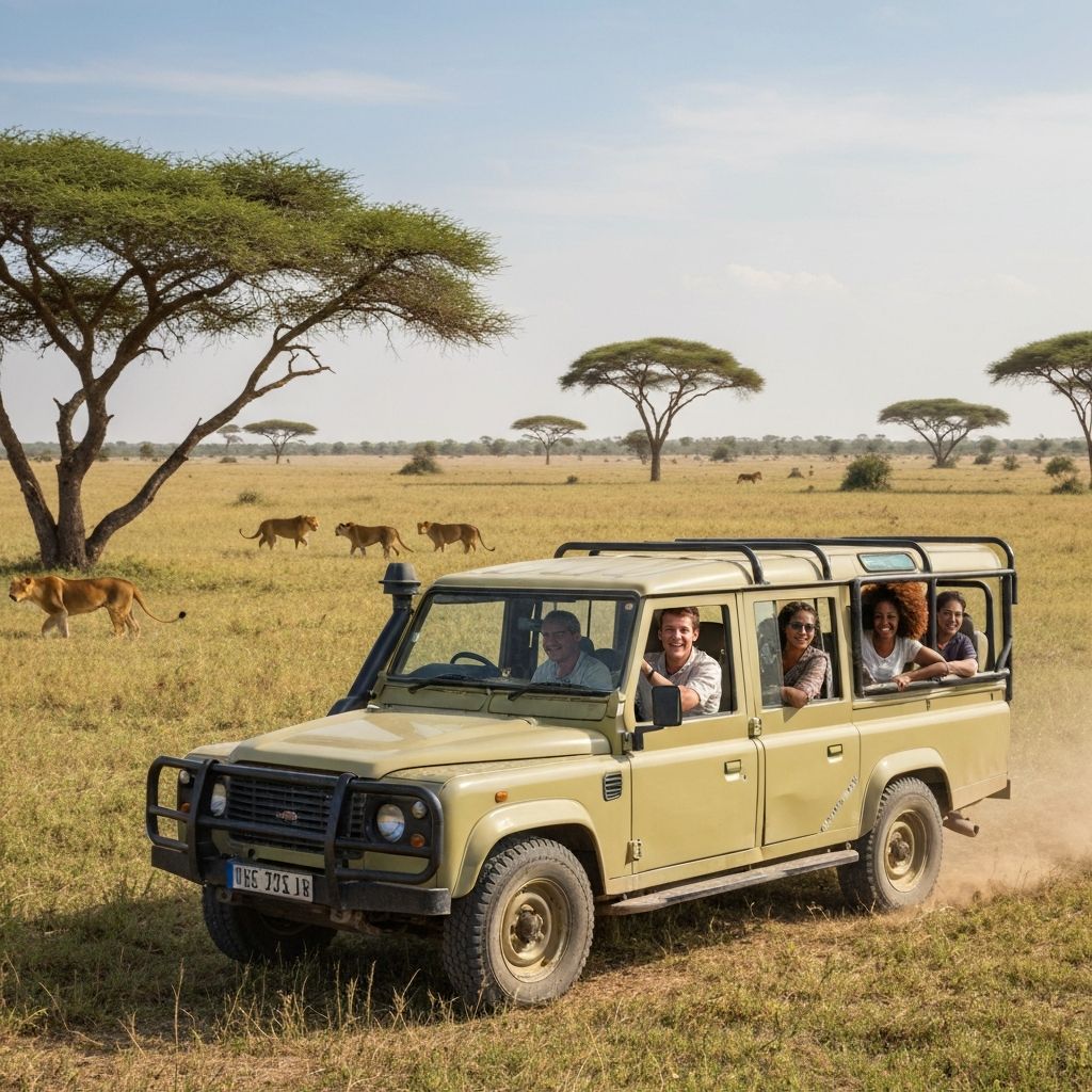 Safari game drive vehicle with tourists
